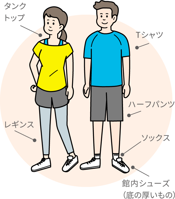 タンクトップ・レギンス・Tシャツ・ハーフパンツ・ソックス・館内シューズ（底の厚いもの）