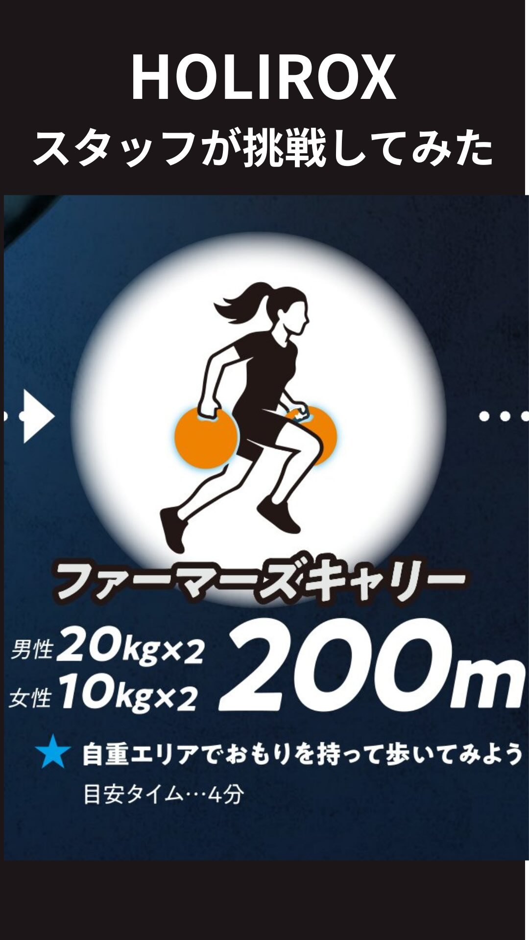 .
ホリデイスタッフがホリデイオリジナル競技HOLIROXに挑戦！

第六競技
「ファーマーズキャリー」200m

筋肉も大事！

7/31(金)に副店長浅井がHOLIROX大会決勝に出場！
ZOOM