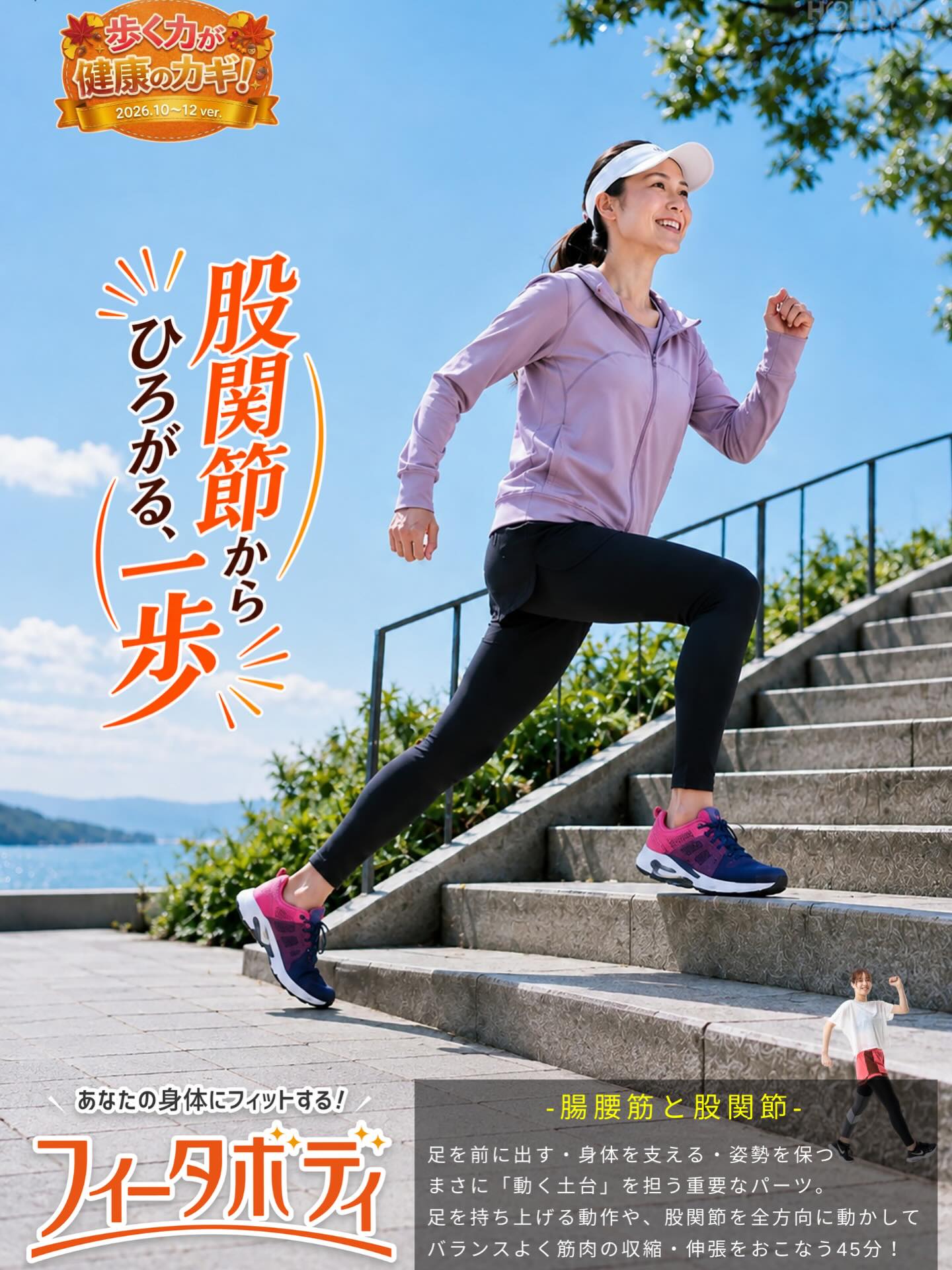 ＼フィータボディ、10月からリニューアル！／

今回のテーマは
🧡 「股関節から、ひろがる一歩」　

⭐︎

歩く、立つ、階段を上る。
毎日の「動く」を支えている股関節。

今回はそんな股関節に注目