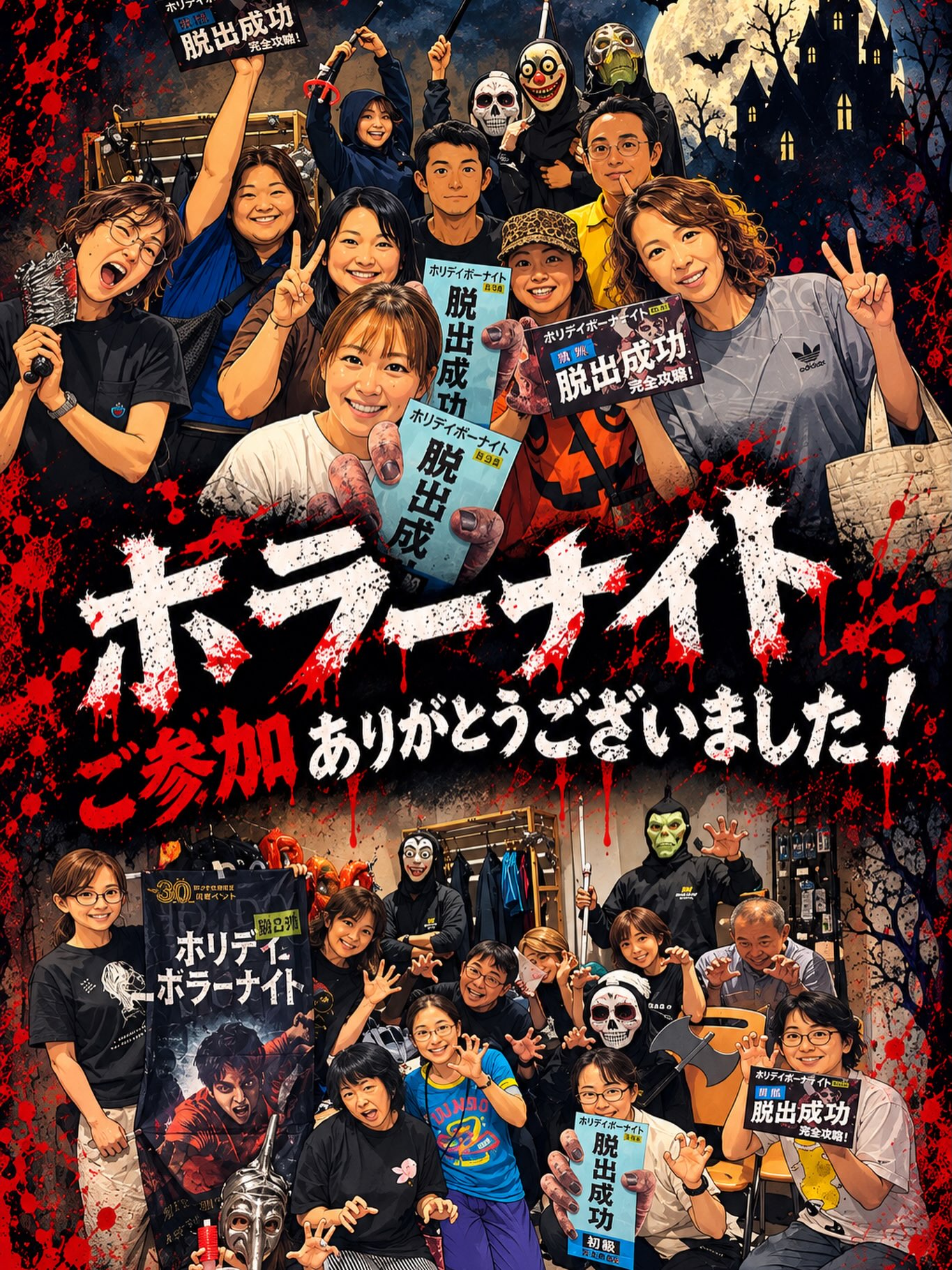 ＼ホリデイホラーナイト🧟／

今年のホリデイホラーナイトは
いかがでしたか？

２日間の開催で脱出者は、なんと3組❗️
脱出おめでとうございます✨

みなさんご参加いただき
ありがとうございました�