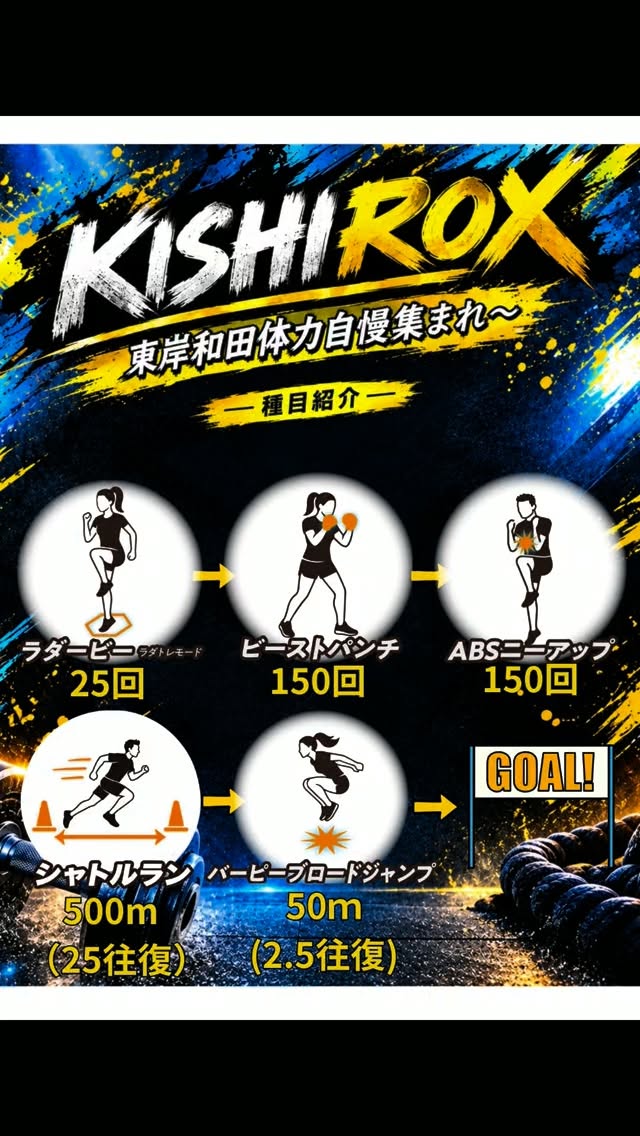 お待たせいたしました！
興味があったらいいね。フォローお願いします！

10月12日スポーツの日　開催決定
｢KISHIROX｣　No.1決定戦

開催時間　14時30分～17時00分(予定)
場所　