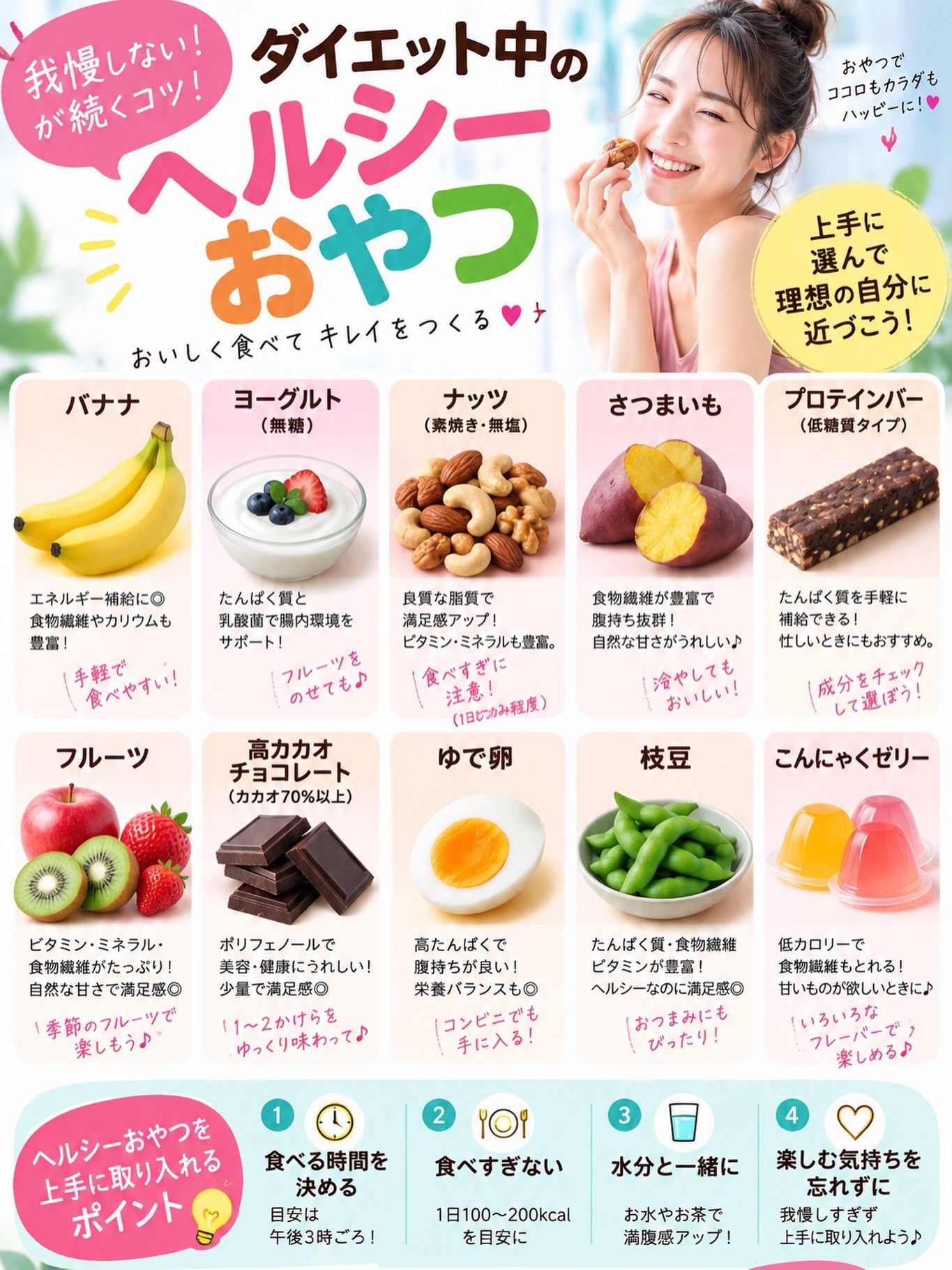 「ダイエット中だけど、おやつがやめられない…！」
そんなお悩み、ありませんか？🥺

実は、ダイエット成功のコツは「我慢しない」こと！
おやつを上手に味方につけて、心も体もハッピーに、無理なく「キレイ