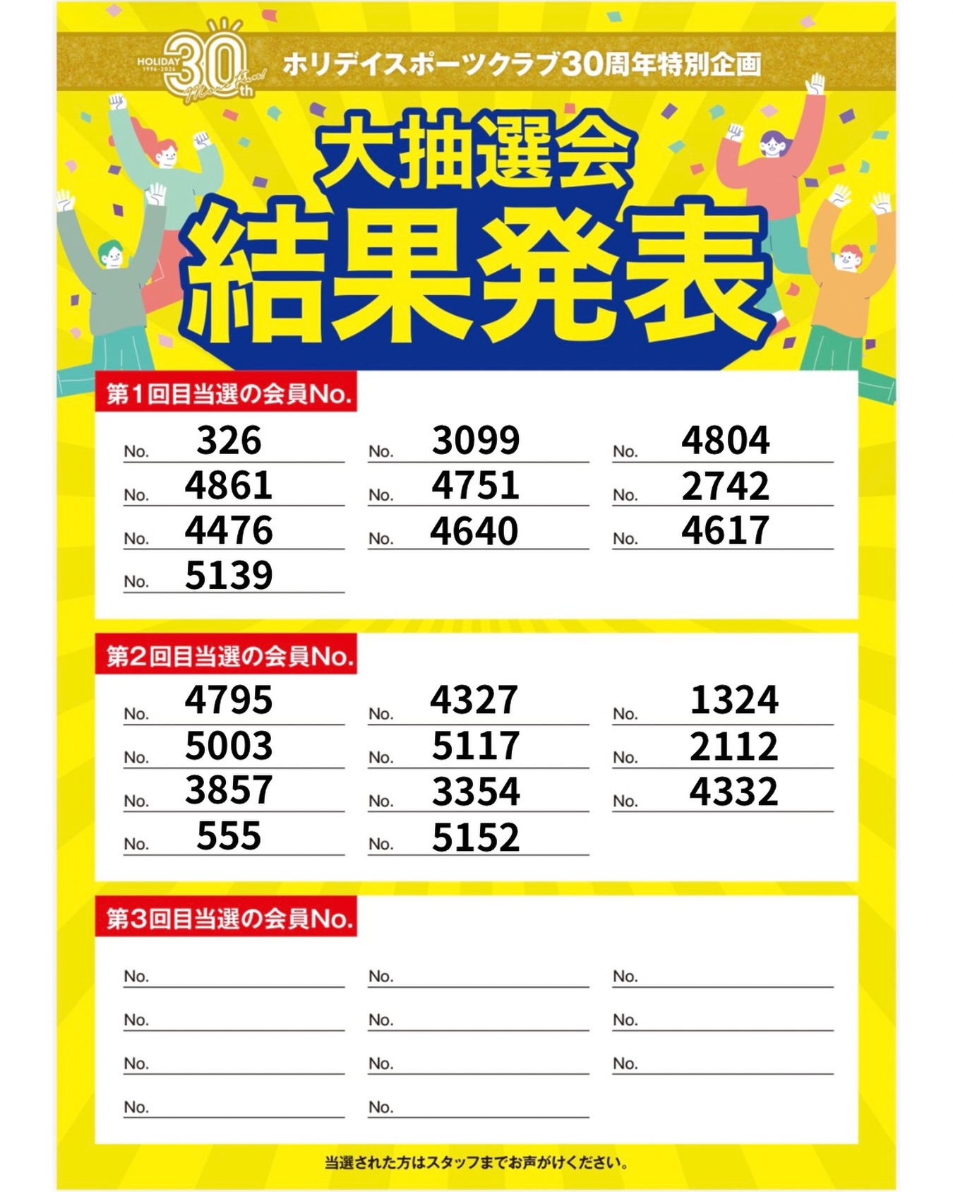 【ホリデイスポーツクラブ30周年特別企画】
⁡
第2回～大抽選会結果発表 ～
⁡
ご当選おめでとうございます‼️㊗️
当選者の方にはAmazonギフト3000円分を9月以降にフロントにてお渡しさせてい