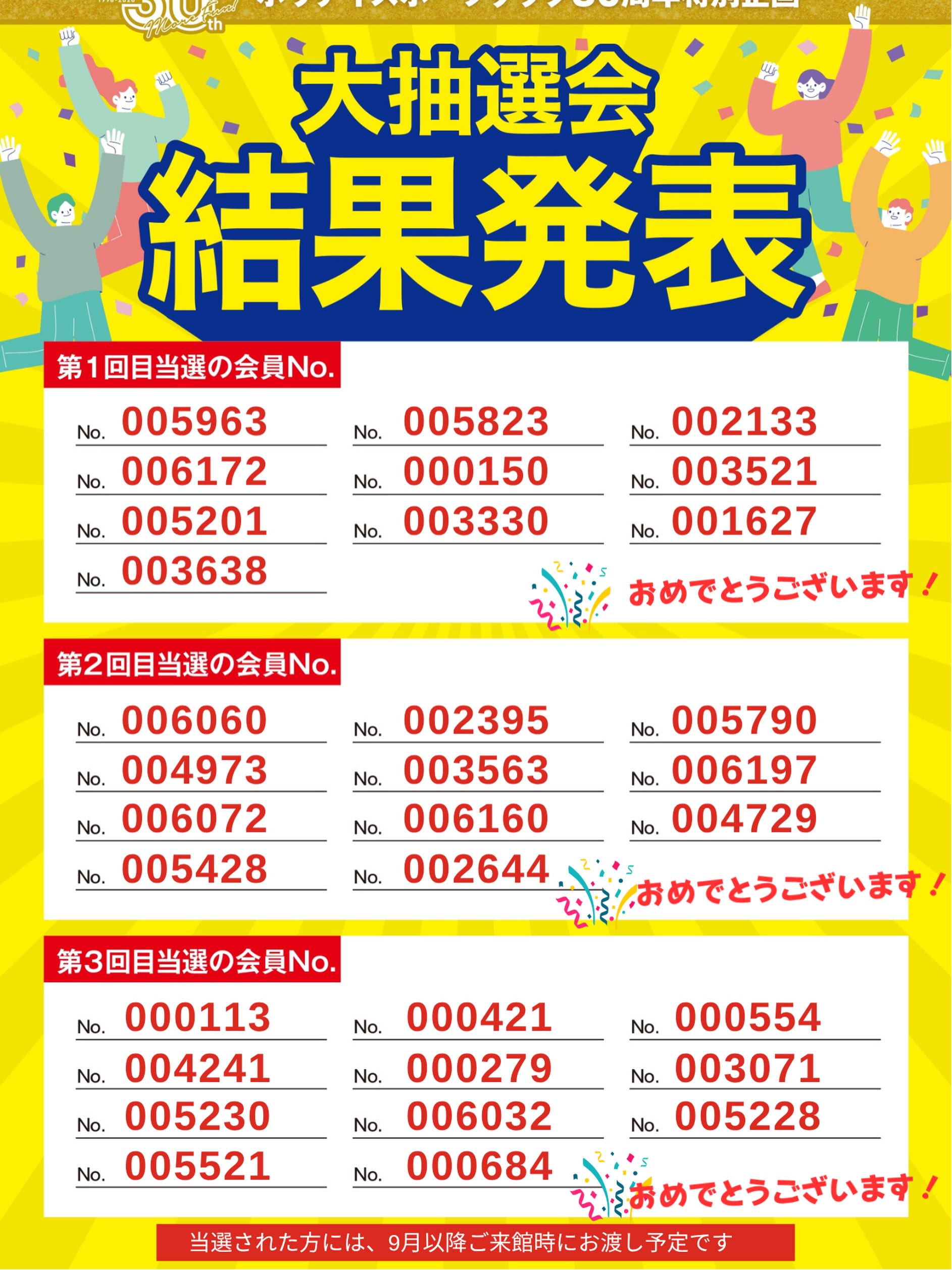 ⭐️30周年特別企画⭐️

【全会員様対象】
Amazonギフト 3,000円分がたる大抽選会！

本日3回目、最後の抽選を行いました。
本日は11名の方が当選しました！

■本日の当選者の会員番号■