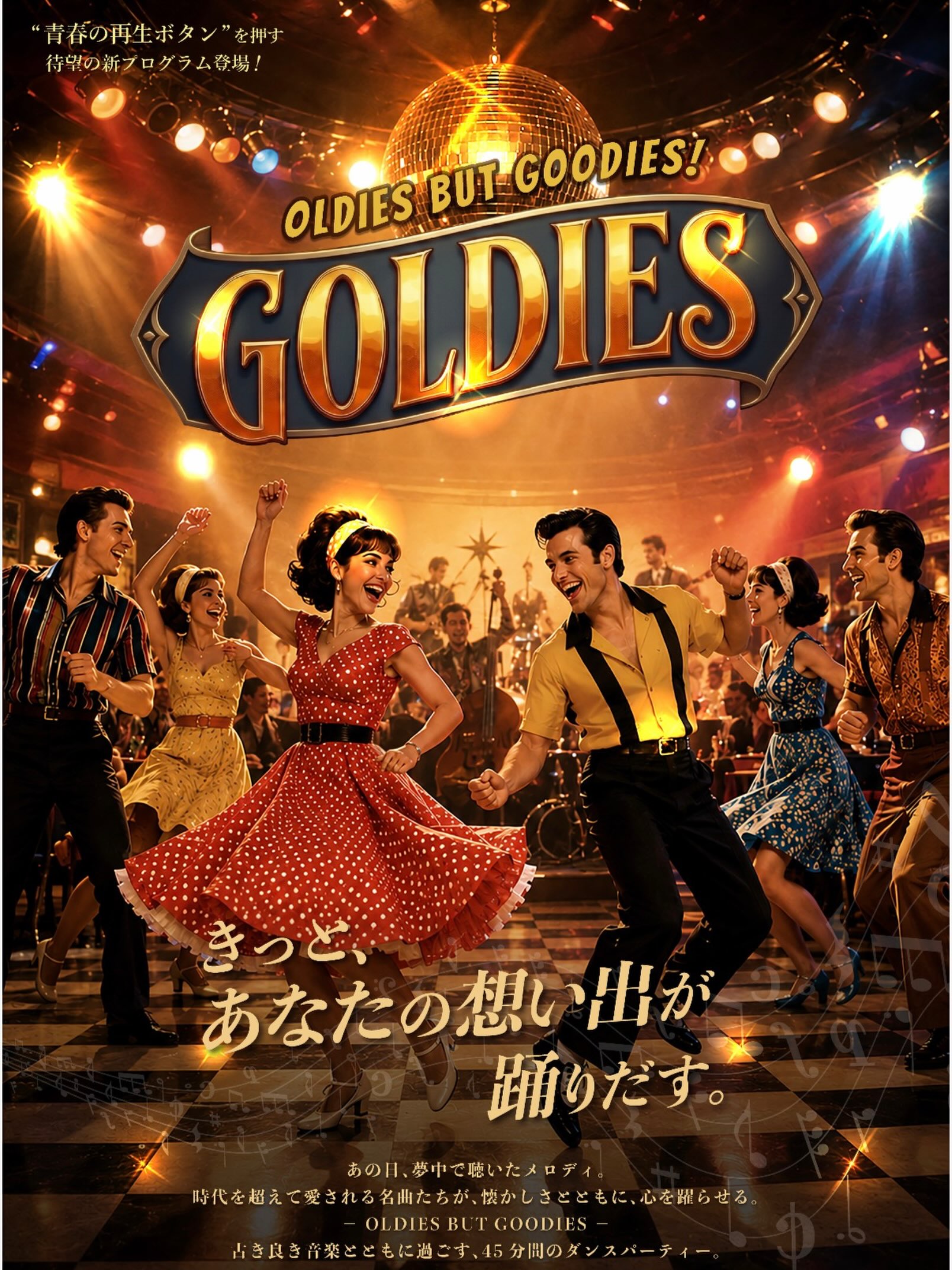 ⭐️新プログラム登場⭐️

GOLDIES 

1950年代～80年代にヒットしたオールディーズソングを使用して踊る45分プログラム→
ロックンロールやディスコ、クール、ソウルなど数多くのジャンルのヒ