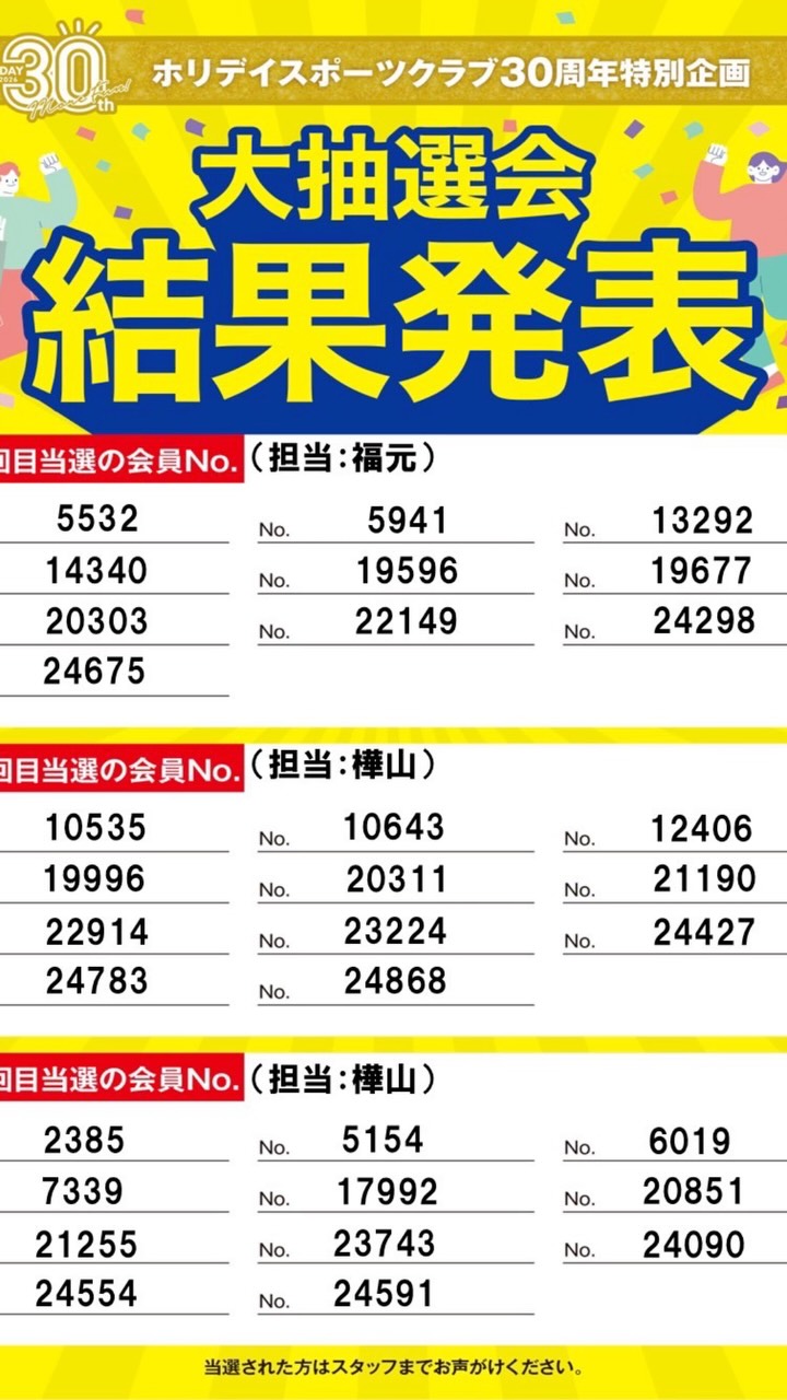 〜第3回大抽選会結果発表〜
Amazonギフト券3,000円分が当たる大抽選会
ついに最後の3回目が行われました。
当選した方、おめでとうございます🎊🎉
9/30までにホリデイに来館し、受け取りを