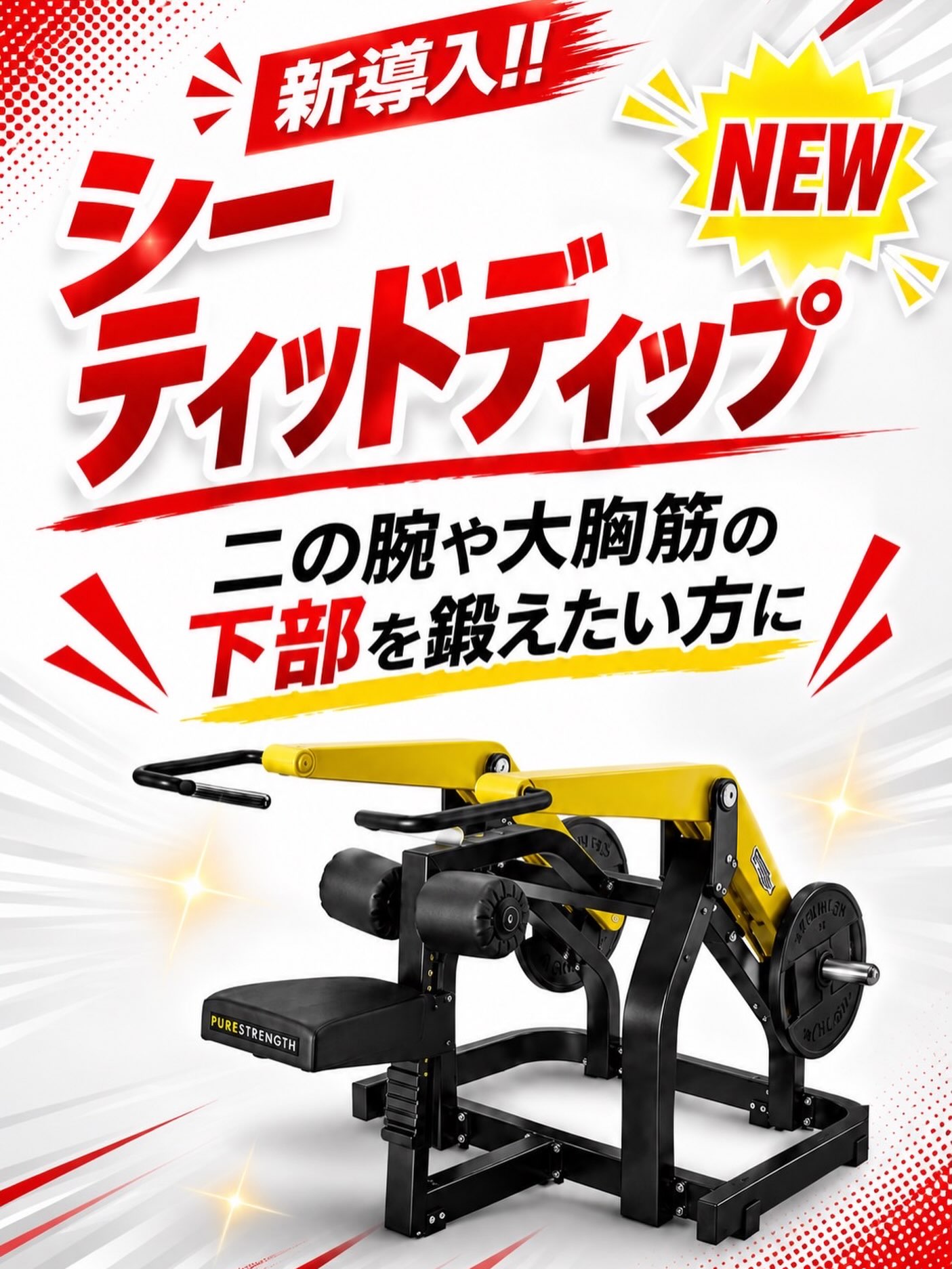 ＼上半身をさらにカッコよく💪✨／
新しく「シーテッドディップ」が仲間入りしました👏

このマシンは、主に
✔️ 二の腕（上腕三頭筋）
✔️ 大胸筋下部
をしっかり刺激できるマシンです🔥

「二の