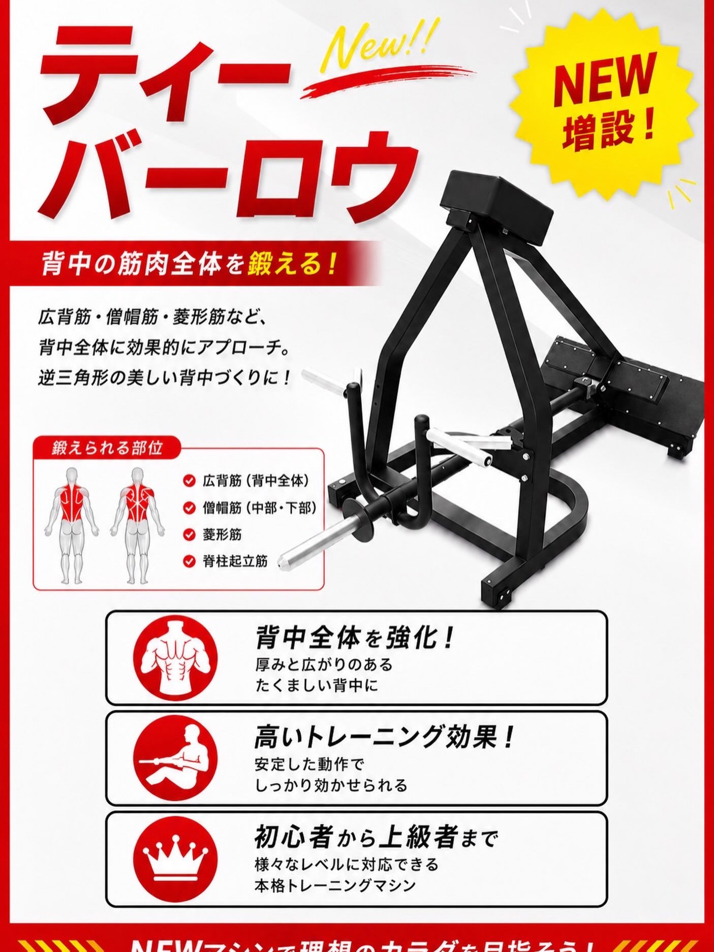 ＼背中をまるっと鍛えよう！／

ジムリニューアルに伴い
今回新しく仲間入りしたのは
「ティーバーロウ」 💪✨

広背筋・僧帽筋・菱形筋など、
背中全体を効果的に鍛えられるマシンです🔥

✔️ 背中