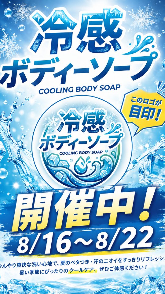 .

夏限定! ひんやり爽快🏔️

暑い夏にぴったり! 期間限定で「冷感ボディソープ」をご用意しました

お風呂上がりもスーッと爽快! 汗をかいた日のリフレッシュにもおすすめです🌬️

8/16(
