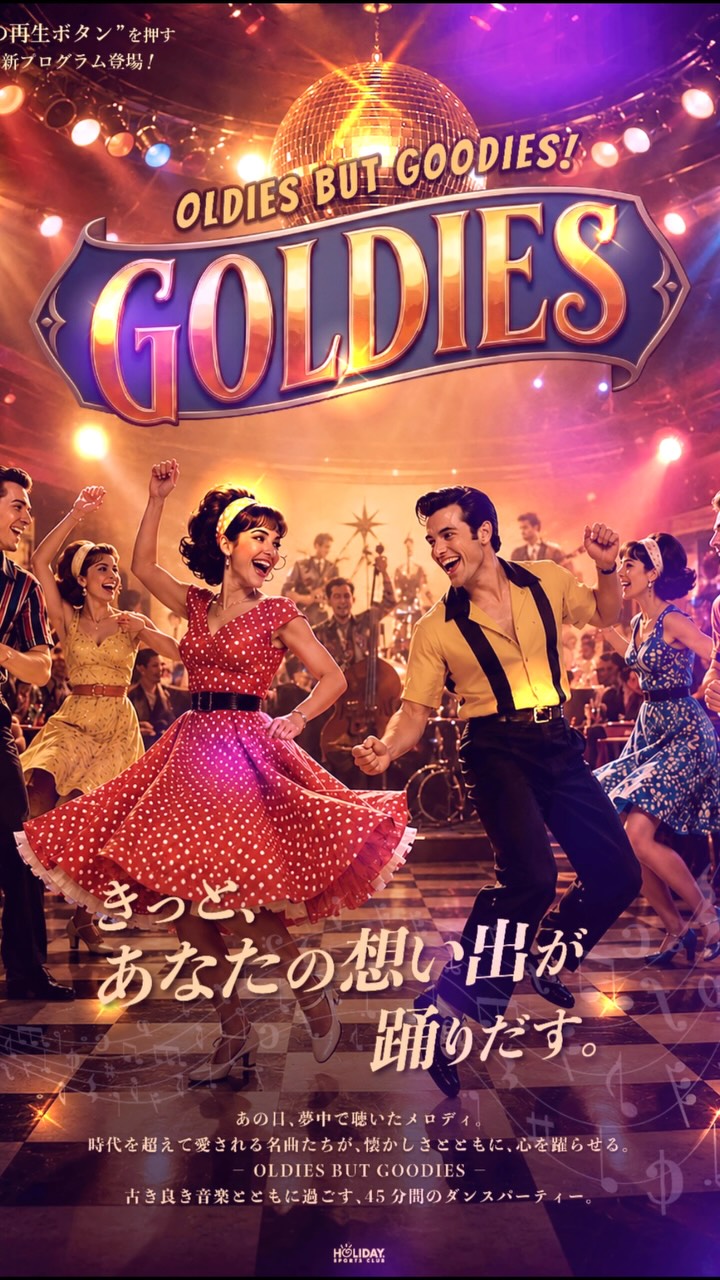 .
NEW スタジオプログラム　7月導入✨
【GOLDIES - ゴールディズ】

懐かしのディスコミュージックに合わせて
楽しく踊るダンスプログラム💃

こちらは、定員がないためスタジオご予約をい