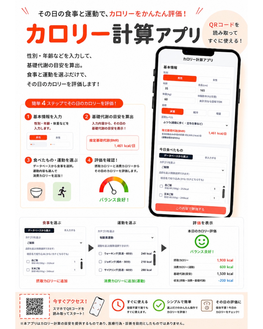 みなさん、こんにちは！店長の野尻です。
この度、カロリー評価アプリを作ってみました。

記録保存はなく、その日のカロリー収支を評価するシンプルなものですが、運動や日常生活動作と食べた物、飲んだ物を入力