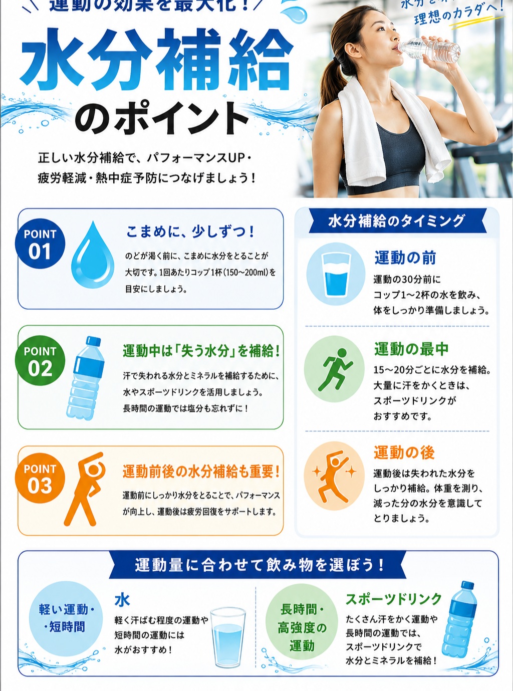 こんにちは、ホリデイスポーツクラブ旭川です🌞

💧【運動中の水分補給、できていますか？】

「喉が渇いてから飲む」では、ちょっと遅いかも⁉️
運動中の水分補給は、パフォーマンスや体調管理のためにも