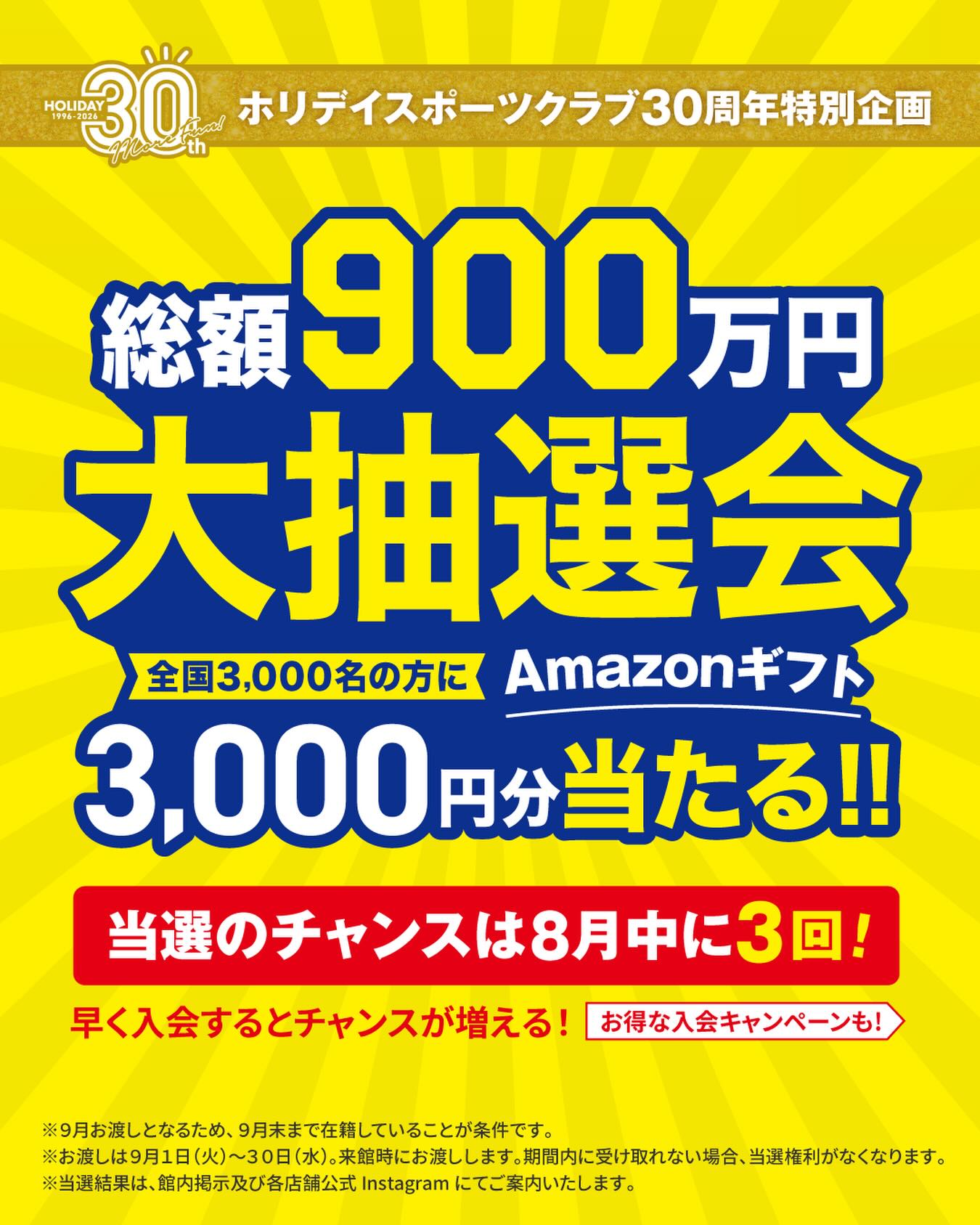 🎁ホリデイ30周年特別企画🎁
【総額900万円】大抽選会開催！
全国3,000名のホリデイ会員様に
「Amazonギフト3,000円分」が当たります！
このチャンス、見逃せない👀

抽選は8月中